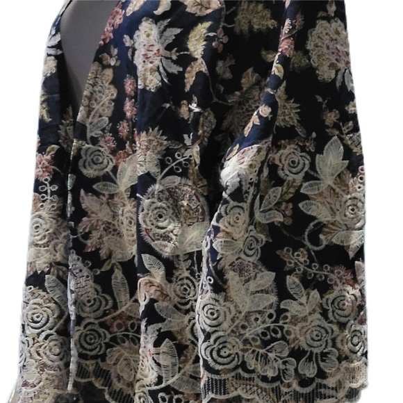 Navy Blue Open Front Kimono Style Cover Up Floral Paisley Print Embroidery OSFM - Picture 7 of 7